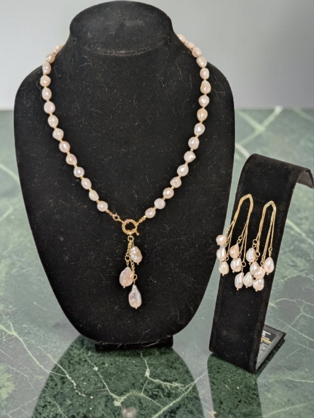Handmade Freshwater Pearls Necklace and Earring Set with Golden Accents